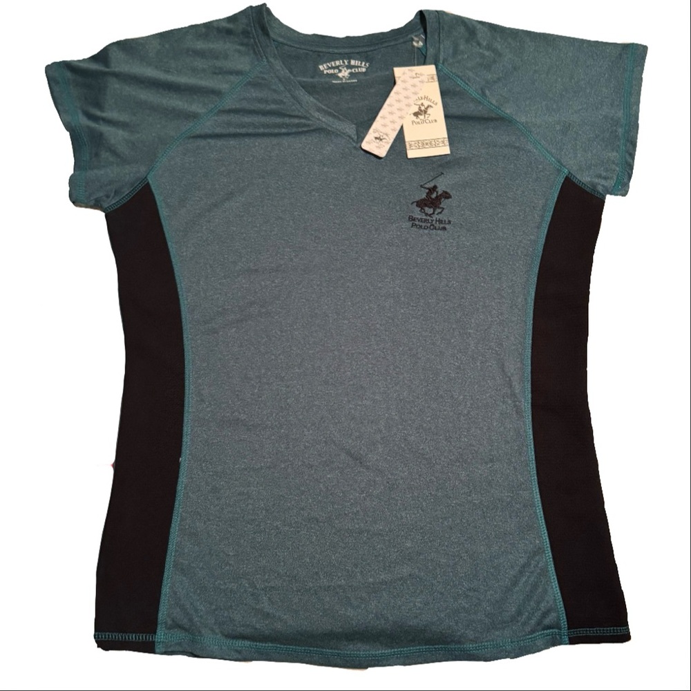 Beverly Hills Polo Club Women's T-Shirt V Neck Short Sleeve Green Size L NWT